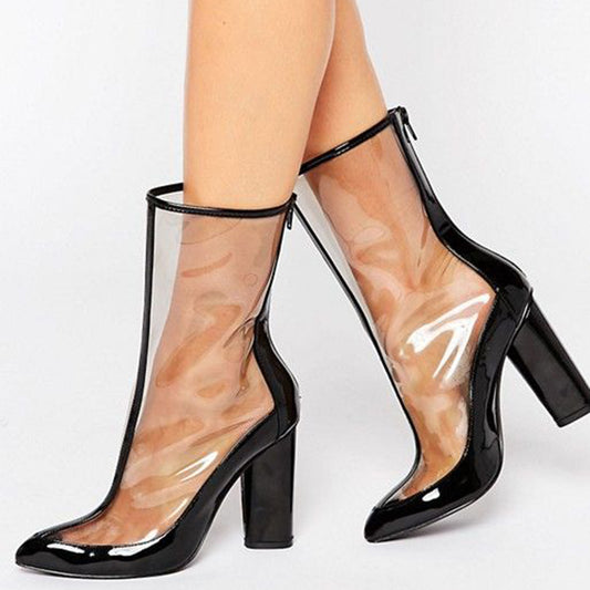 Black Patent Leather & PVC Mid-Calf Block Heel Clear Ankle Boots
