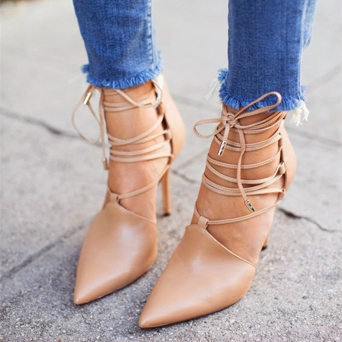 Women's Nude Stiletto Heels Strappy Pointed Toe Pumps