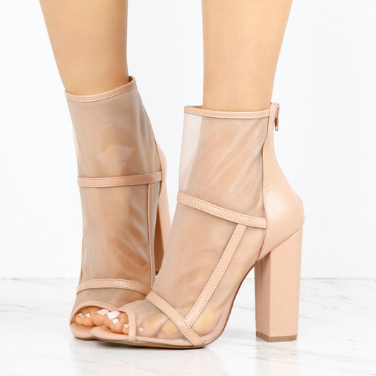 Women's Nude Mesh Chunky Heel Peep Toe Ankle Boots