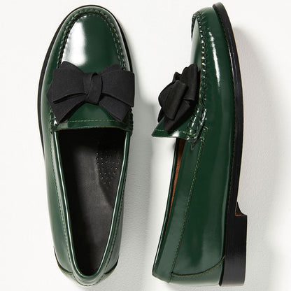Green Round Toe Bow Detailed Slip-On Flats Women's Loafers