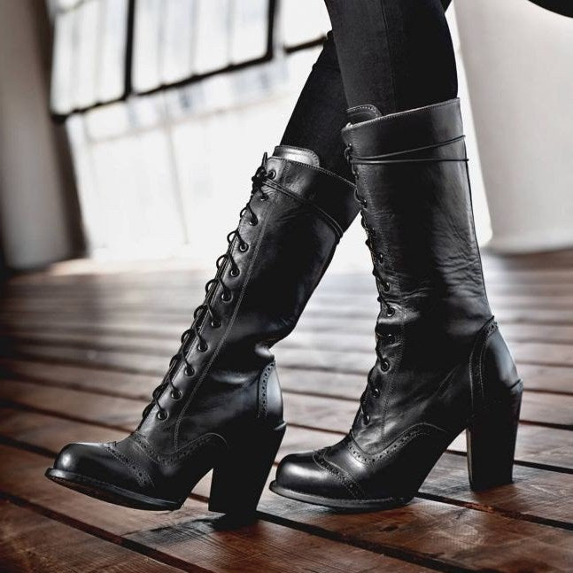 Black Vintage Victorian Inspired Block Heels Lace Up Mid Calf Boots