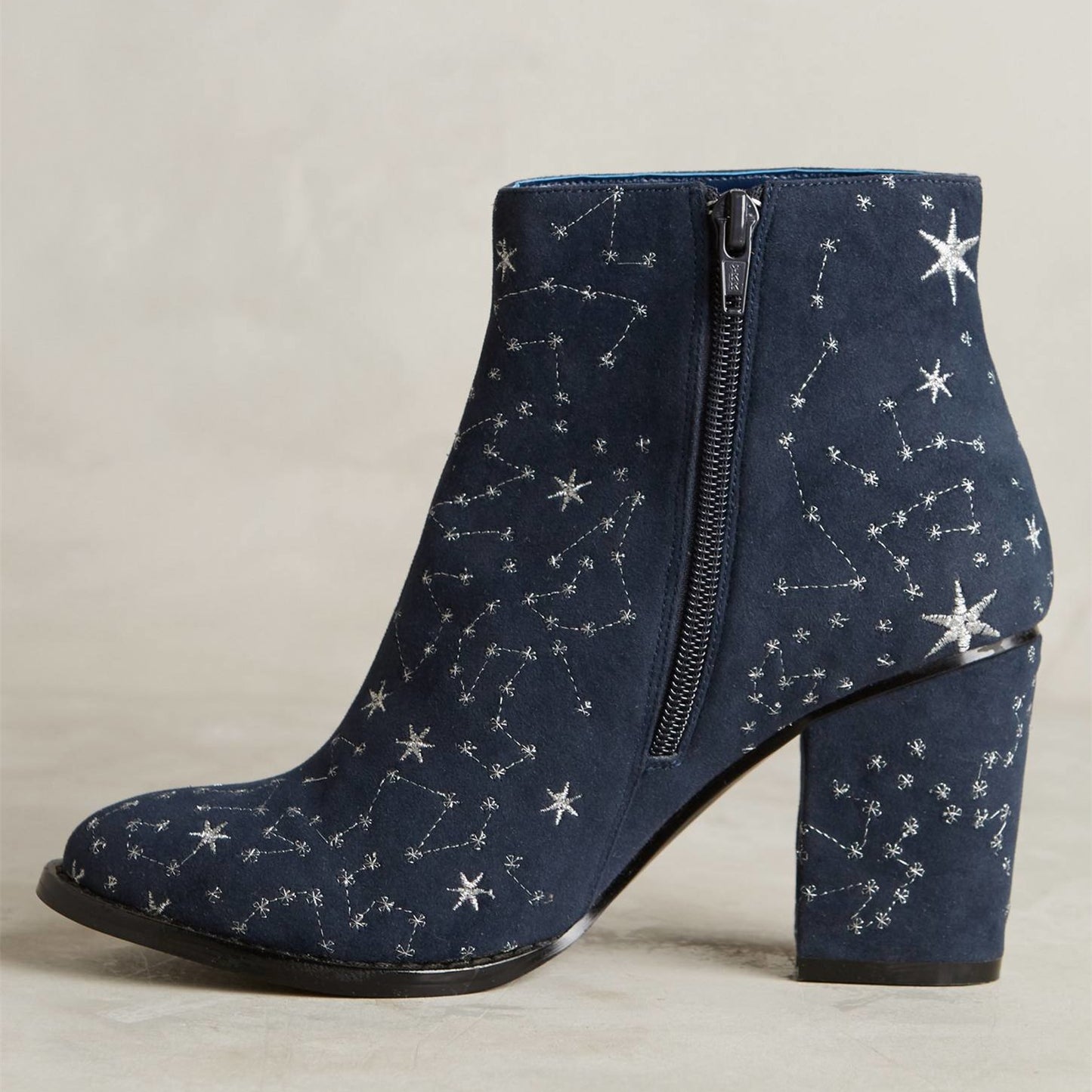 Navy Constellation Pattern Embroidered Chunky Heel Ankle Boots