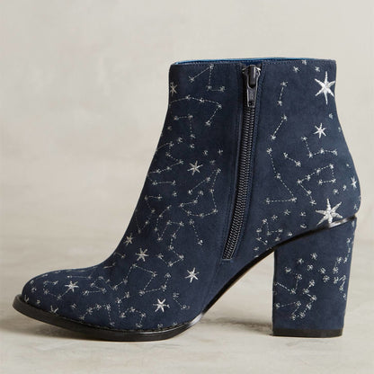 Navy Constellation Pattern Embroidered Chunky Heel Ankle Boots