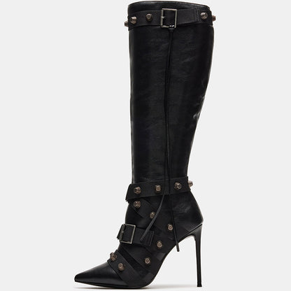 Black Pointed Toe Stiletto Heel Zipper Studs Knee High Boots