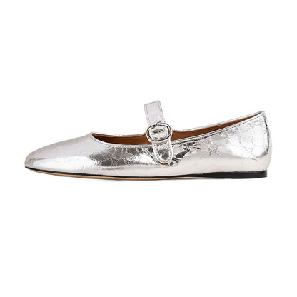Silver Metallic Finish Round Toe Buckle Strap Mary Jane Flats
