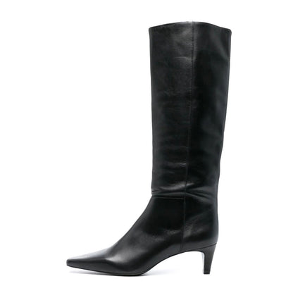 Black Vegan Leather Square Toe Kitten Heel Knee High Boots for Women