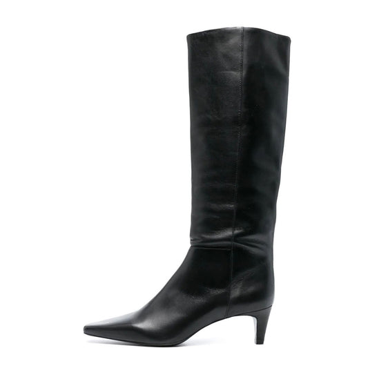 Black Vegan Leather Square Toe Kitten Heel Knee High Boots for Women