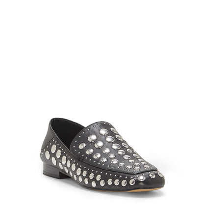Black Square Toe Fashion Flat Women's Loafers with Silver Studs