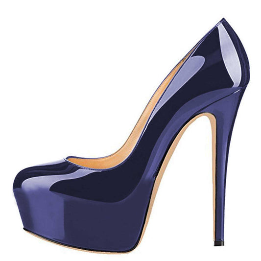 Women's Navy Patent Leather Office Heels Round Toe Platform Pumps