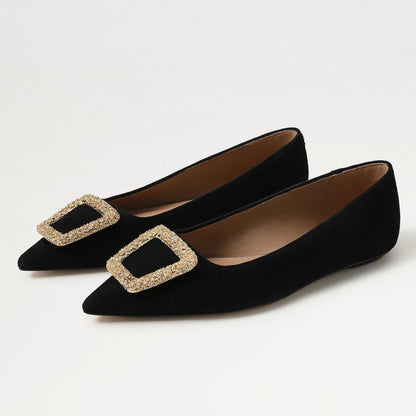 Delicate Gold Buckle Decor Pointed Toe Women's Dress Flats in Black