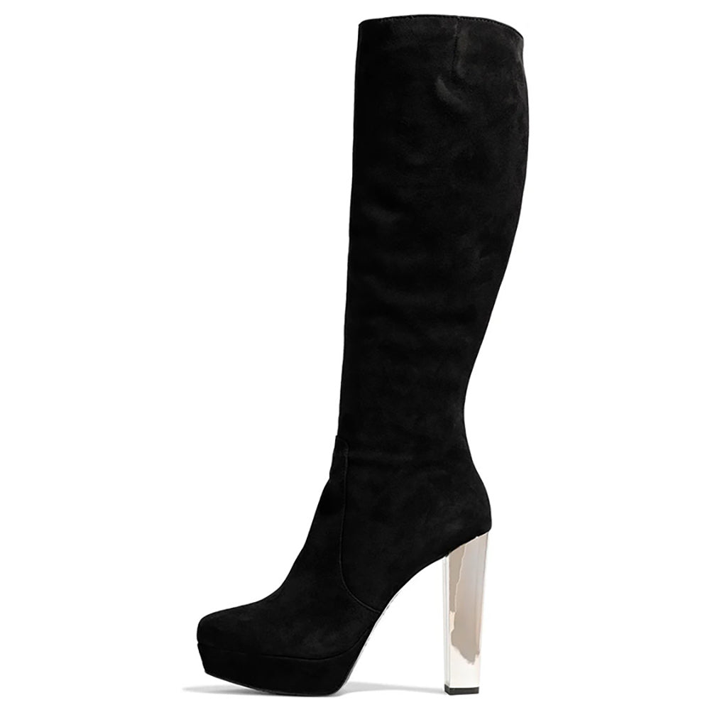 Black Vegan Suede Chunky Heel Knee High Boots with Platform