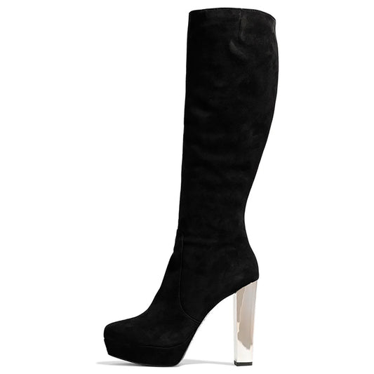 Black Vegan Suede Chunky Heel Knee High Boots with Platform