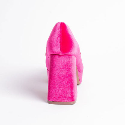 Hot Pink Velvet Round Toe Block Heel Platform Penny Loafers Women