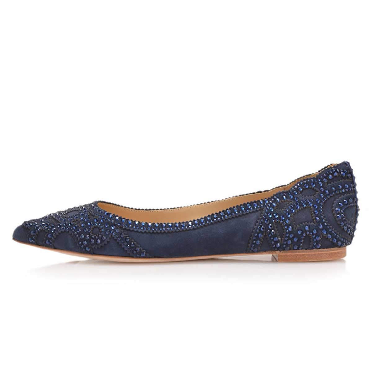 Elegant Mesh Slip-on Low Heels Pointed Toe Rhinestone Ballet Flats