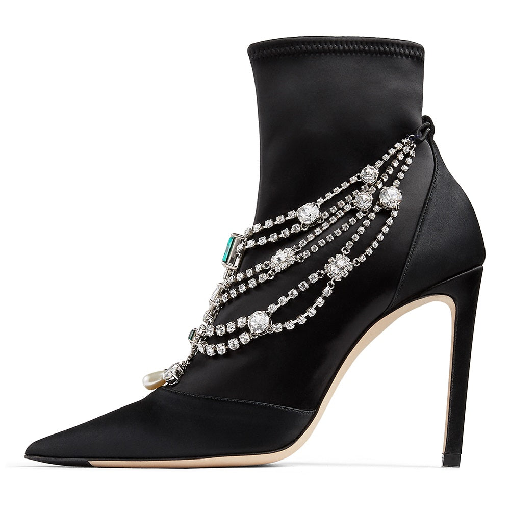 Black Satin Booties Faux Crystal Chain Stiletto Heel Ankle Boots