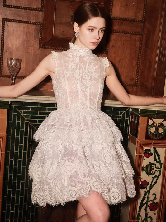 Vintage Beige Applique Design A-line Lace Short Tiered Party Dress Homecoming Dresses TP3938