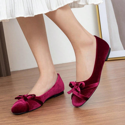 Maroon Velvet Pointed Toe Flats with Bow