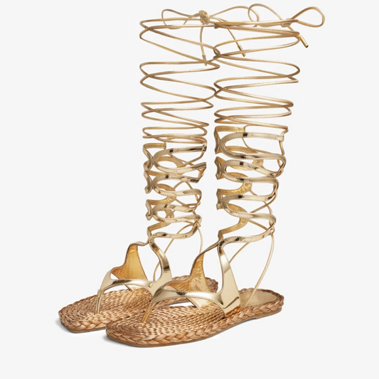 Gold Lace Up Flats Comfy Espadrille Shoes Knee High Gladiator Sandals