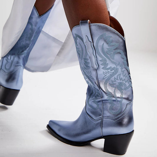 Metallic Blue Embroidered Shoes Chunky Heel Mid-Calf Cowgirl Boots