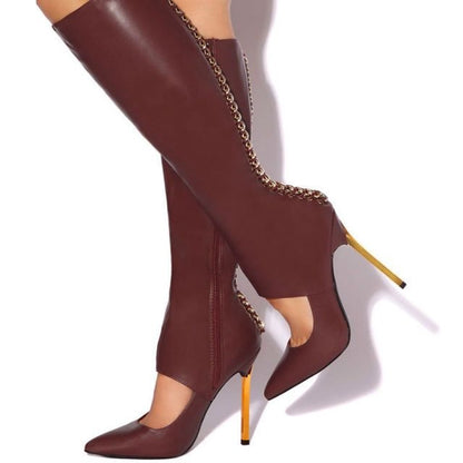 Maroon Cut-Out Gold Chains Decor Knee High Boots with Stiletto Heel