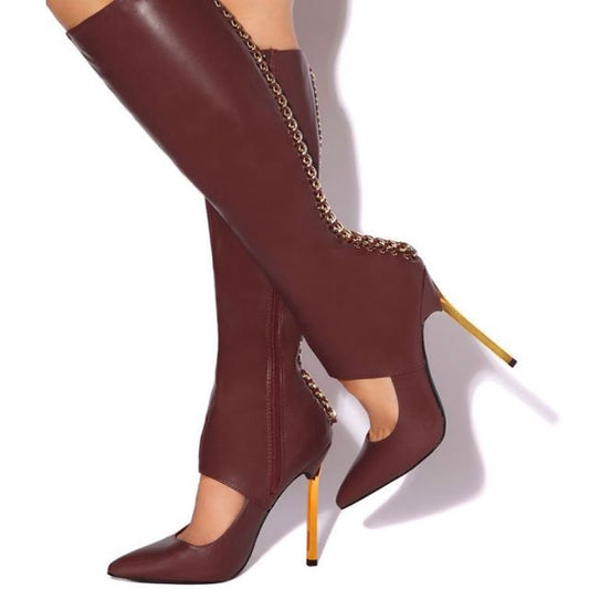 Maroon Cut-Out Gold Chains Decor Knee High Boots with Stiletto Heel