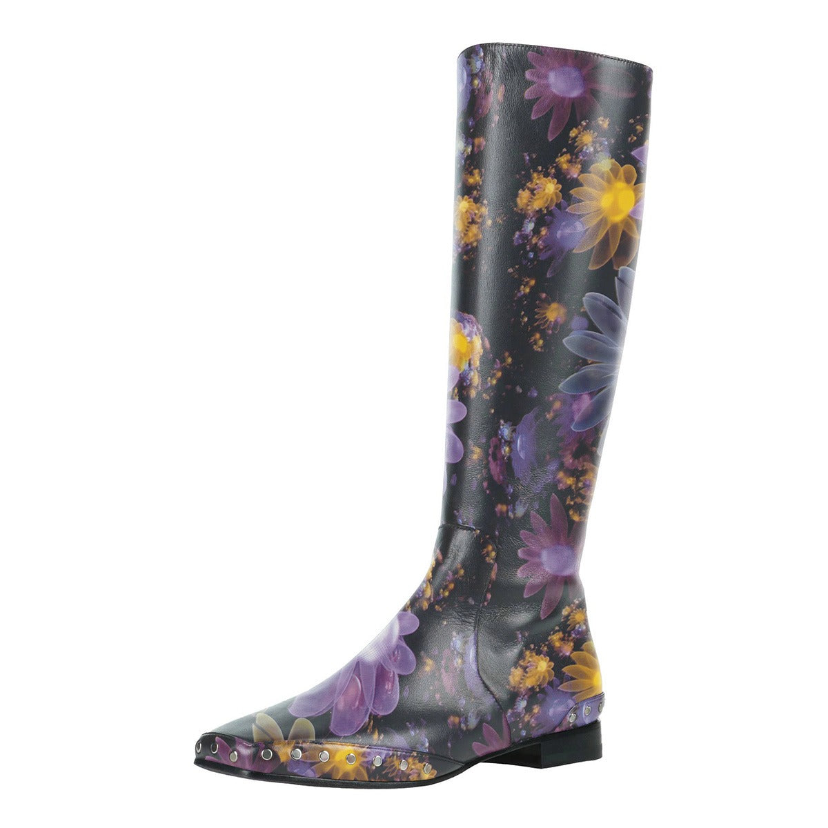 Multicolor Flower Print Square Toe Studded Flat Knee High Boots
