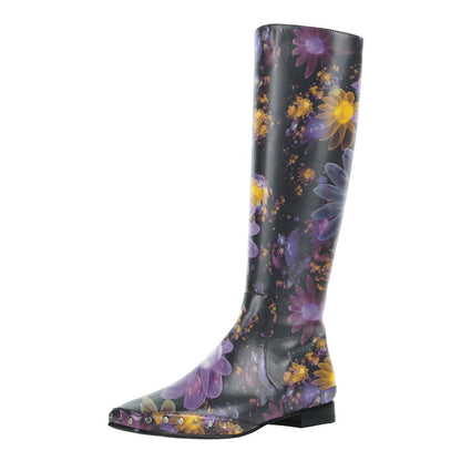Multicolor Flower Print Square Toe Studded Flat Knee High Boots