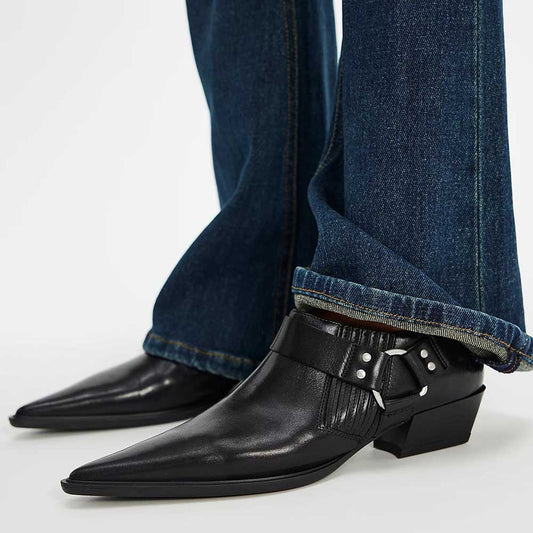 Black Buckle Strap Slip-On Pointed Toe Ankle Boots with Elastic-Band