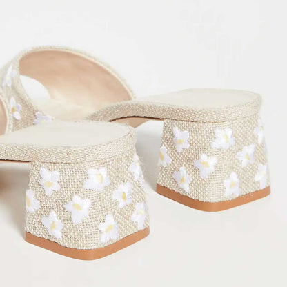 Beige Burlap Open Toe Daisy Embroidered Block Heel Mules Shoes