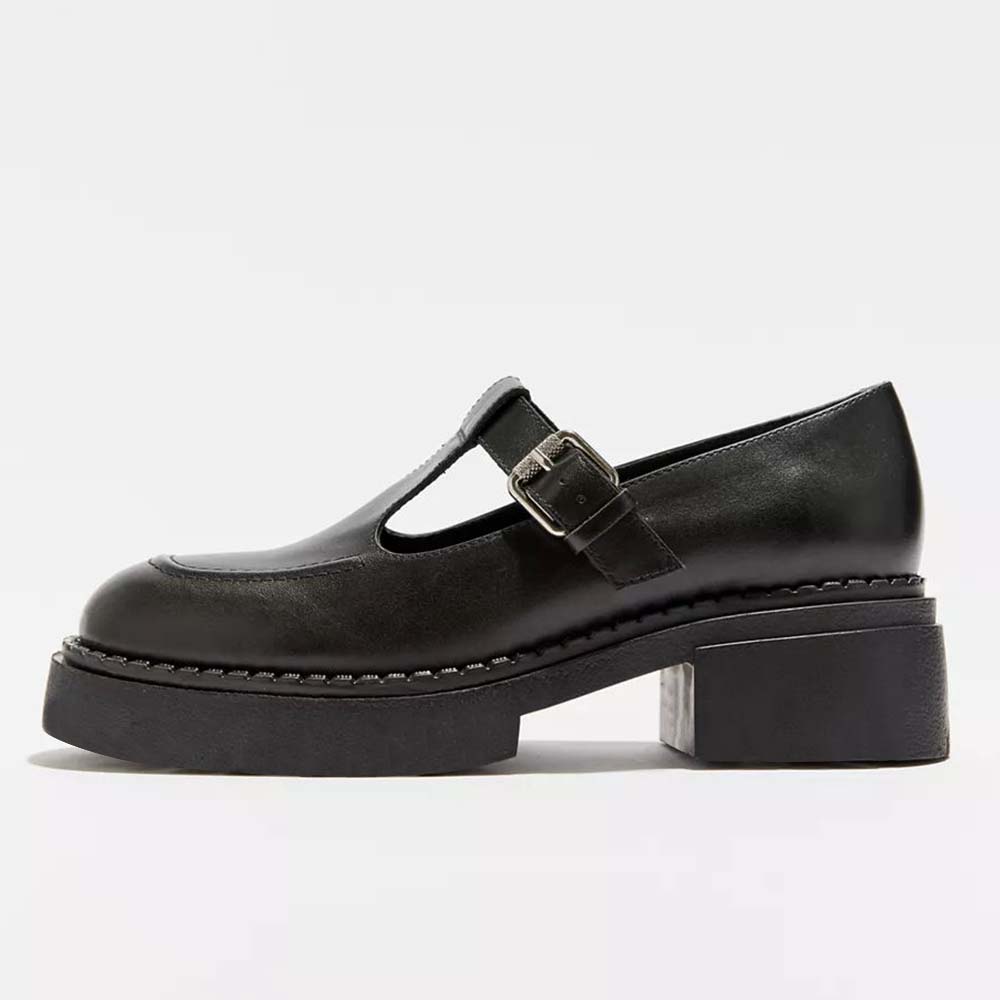 Black  T-strap Shoes With Platform Chunky Low Heel Loafers