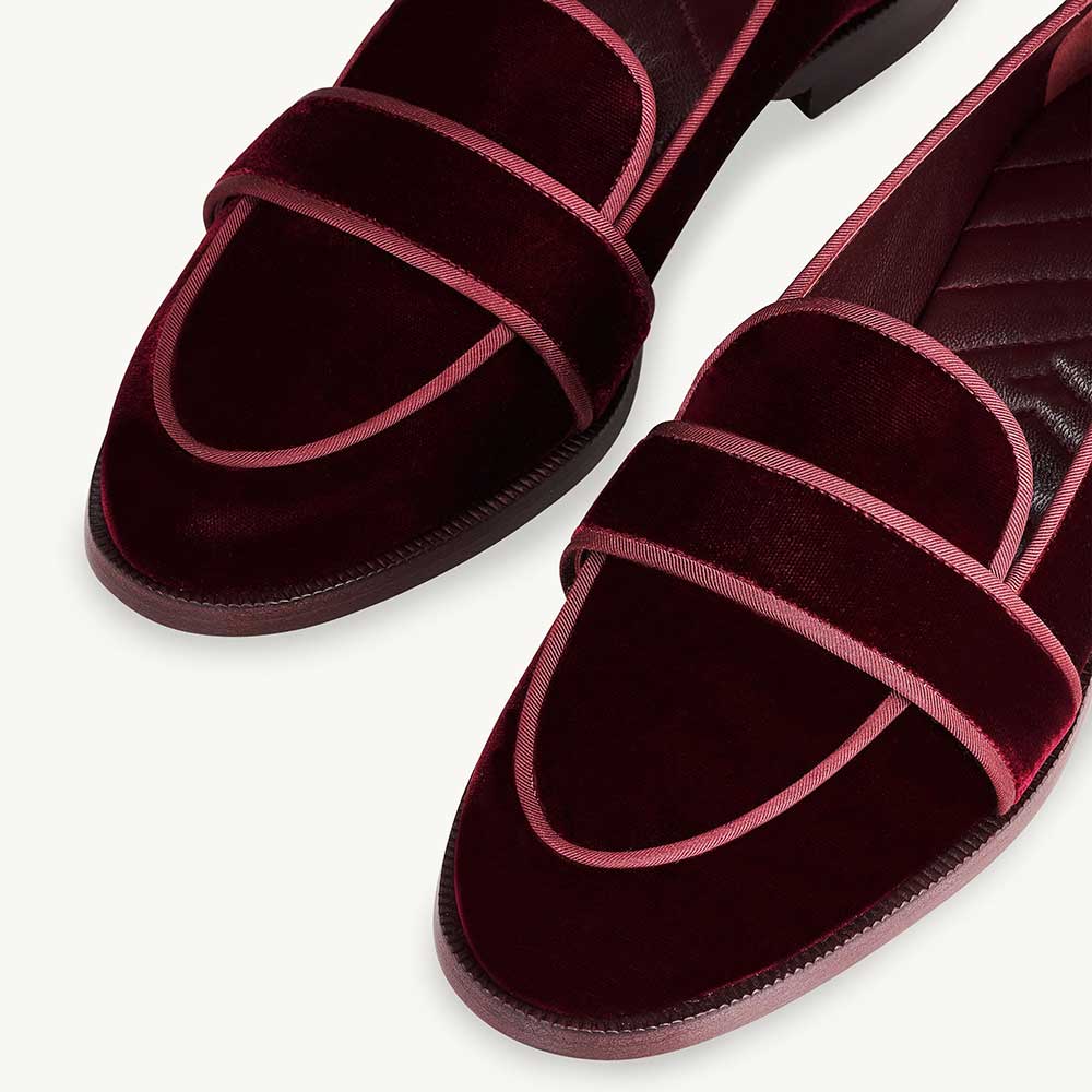 Maroon Velvet Round Toe Chunky Heel Slip-On Loafers