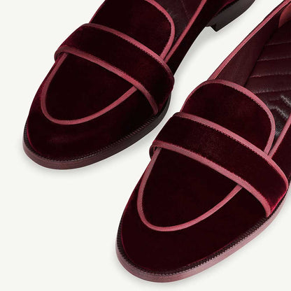 Maroon Velvet Round Toe Chunky Heel Slip-On Loafers