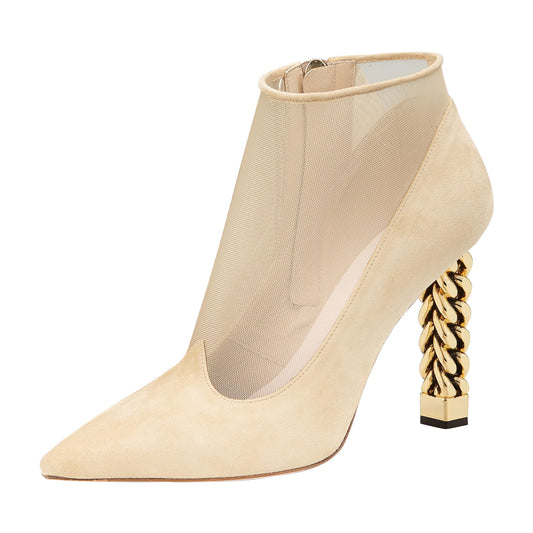 Beige Vegan Suede and Mesh Metal Heel Ankle Boots