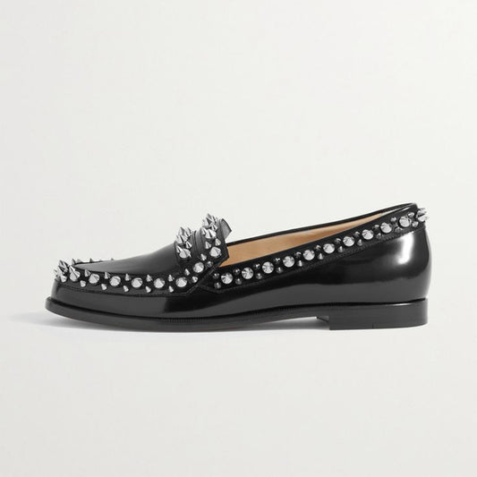 Black Patent Leather Rivet Round Toe Casual Vintage Flat Loafers