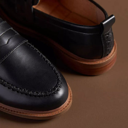 Black Round Toe Stacked Heel Business Casual Penny Loafers for Women