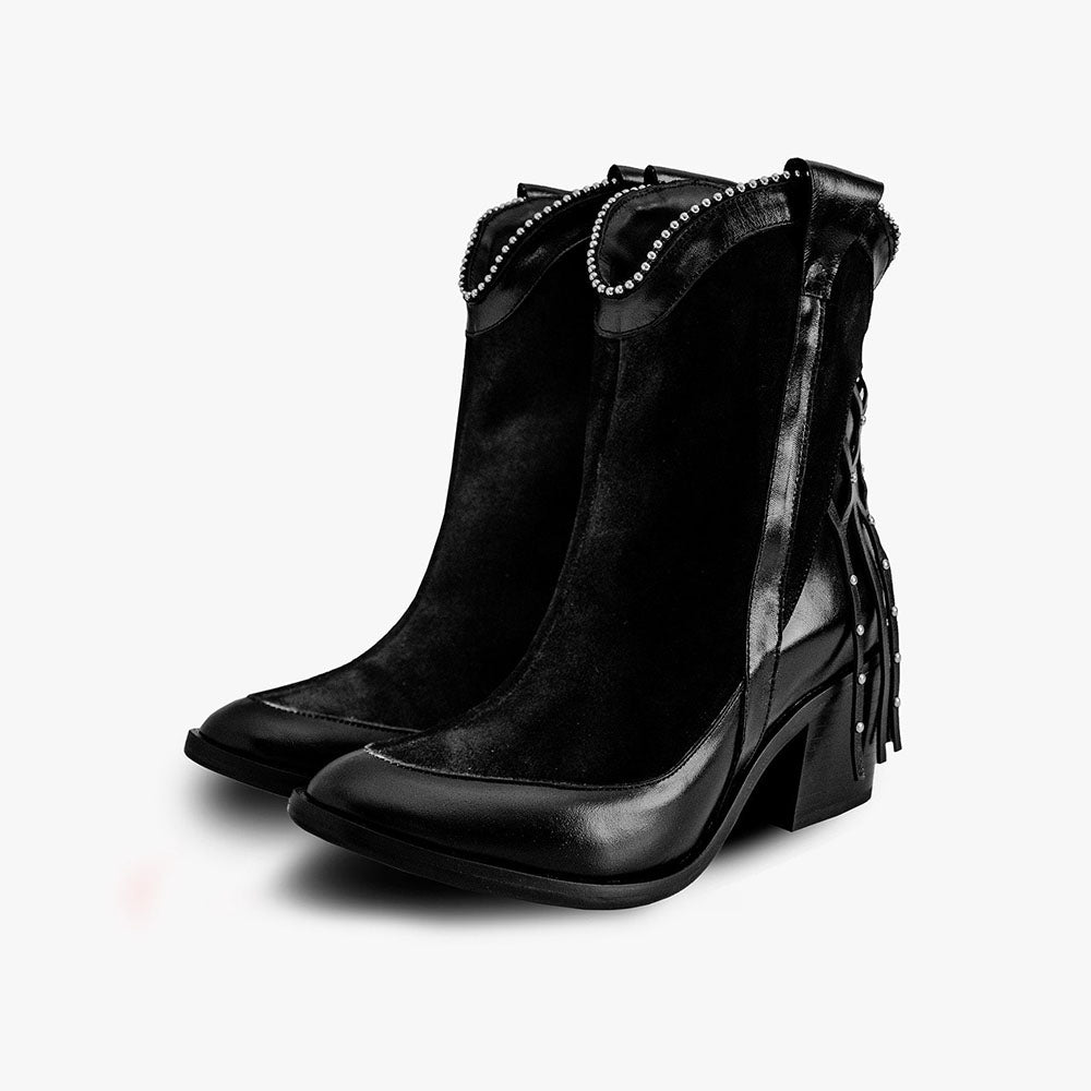 Black Pointed Toe Chunky Heel Side-Zipped Western Ankle Boots