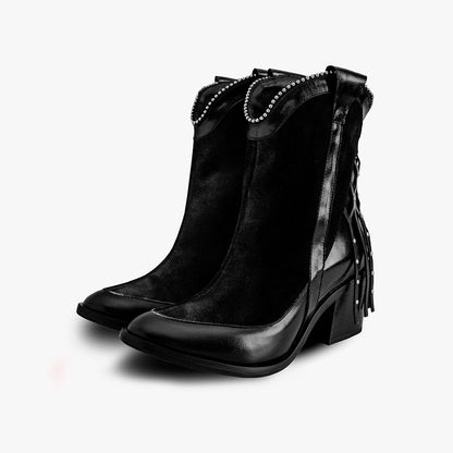Black Pointed Toe Chunky Heel Side-Zipped Western Ankle Boots