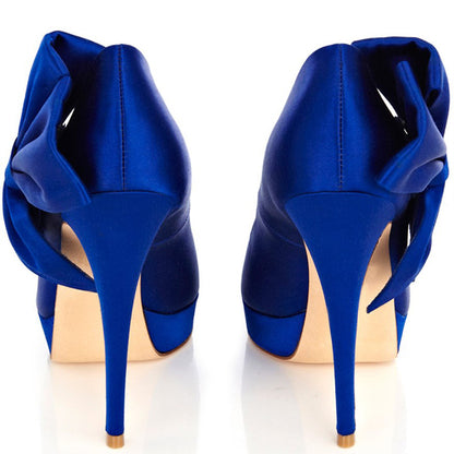 Royal Blue Peep Toe Stiletto Heels Side Bow Platform Pumps