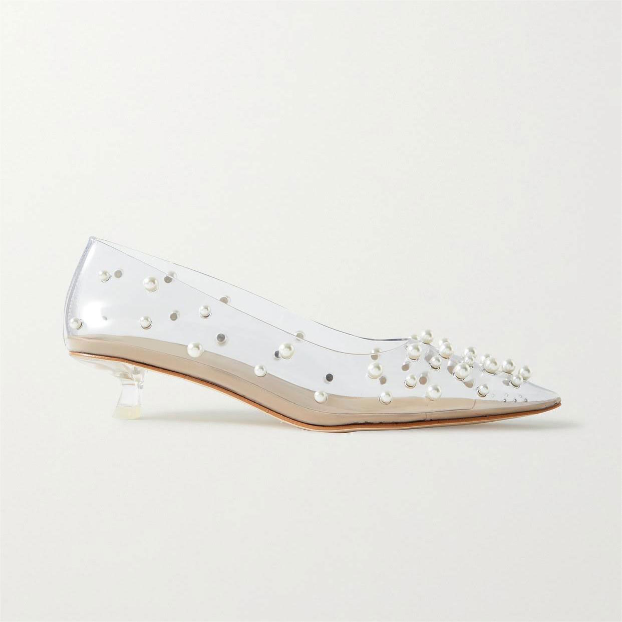 Women's Pearls Embellishment Clear Shoes Pointed Toe Kitten Heel Pumps