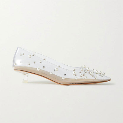Women's Pearls Embellishment Clear Shoes Pointed Toe Kitten Heel Pumps