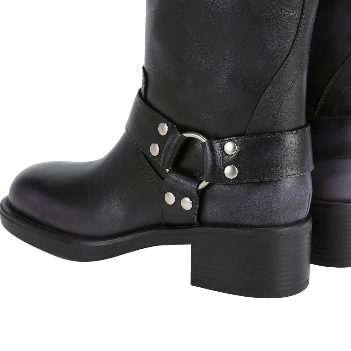 Black Buckle Strappy Square Toe Block Heel Mid Calf Boots for Women