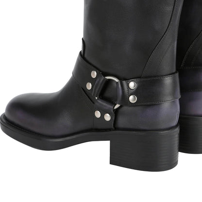 Black Buckle Strappy Square Toe Block Heel Mid Calf Boots for Women