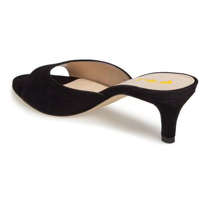 Women's Black Vegan Suede Open-Toe Slip-On Heeled Mules Sandals