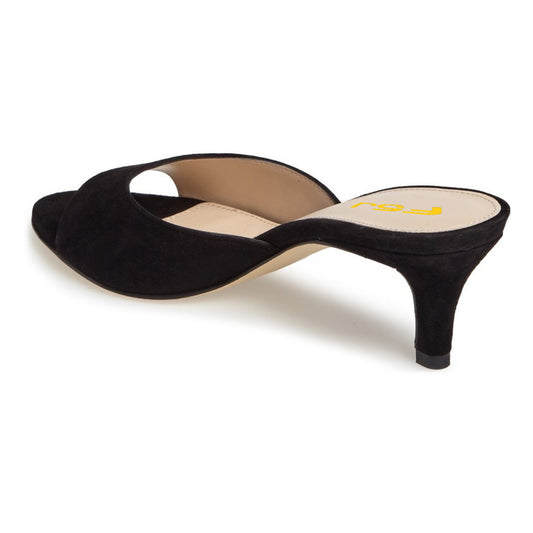 Women's Black Vegan Suede Open-Toe Slip-On Heeled Mules Sandals