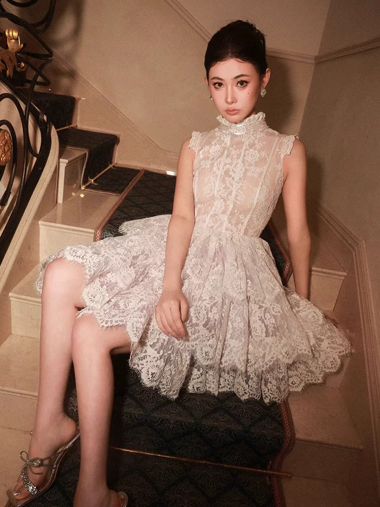 Vintage Beige Applique Design A-line Lace Short Tiered Party Dress Homecoming Dresses TP3938