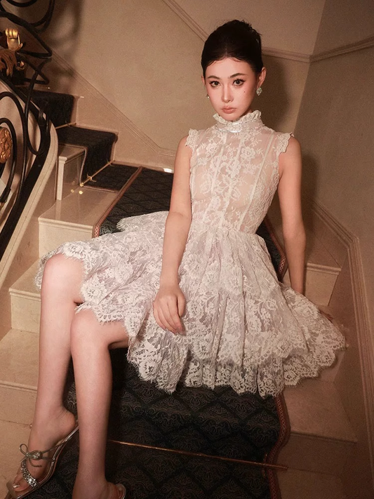 Vintage Beige Applique Design A-line Lace Short Tiered Party Dress Homecoming Dresses TP3938