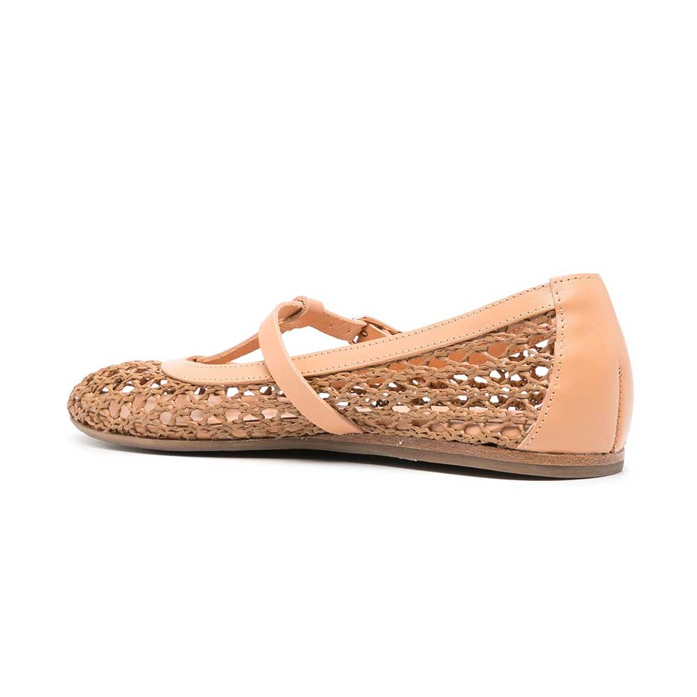 Nude Vegan Leather Round Toe Flat T-Strap Woven Ballet Shoes