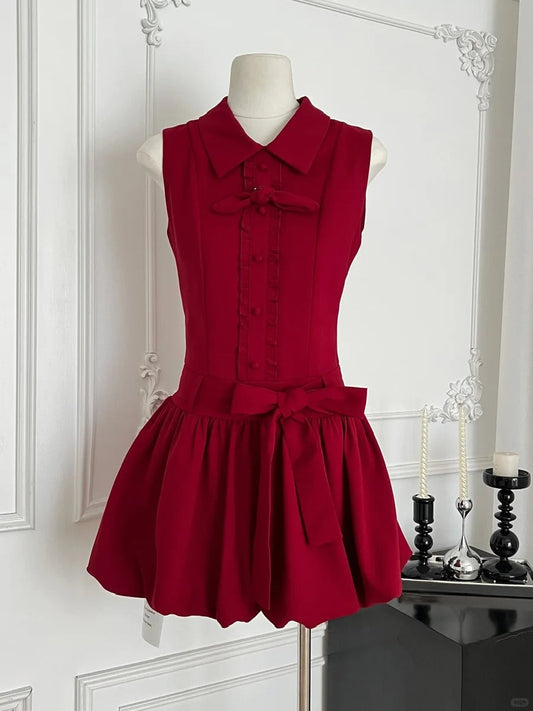 Sweet Burgundy Lapel Bow Bud Mini 17th Birthday Dress Homecoming Dress P3990