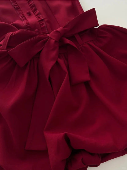 Sweet Burgundy Lapel Bow Bud Mini 17th Birthday Dress Homecoming Dress P3990