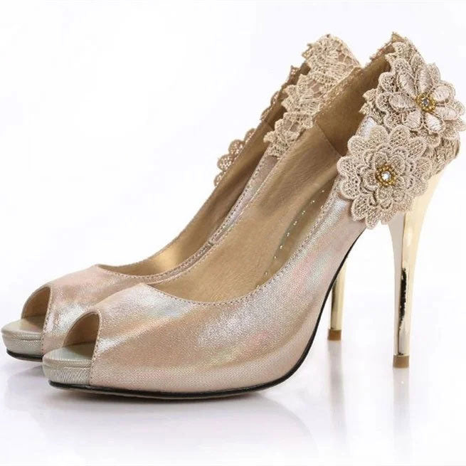 Champagne Wedding Shoes Heels Peep Toe Lace Flower Platform Pumps